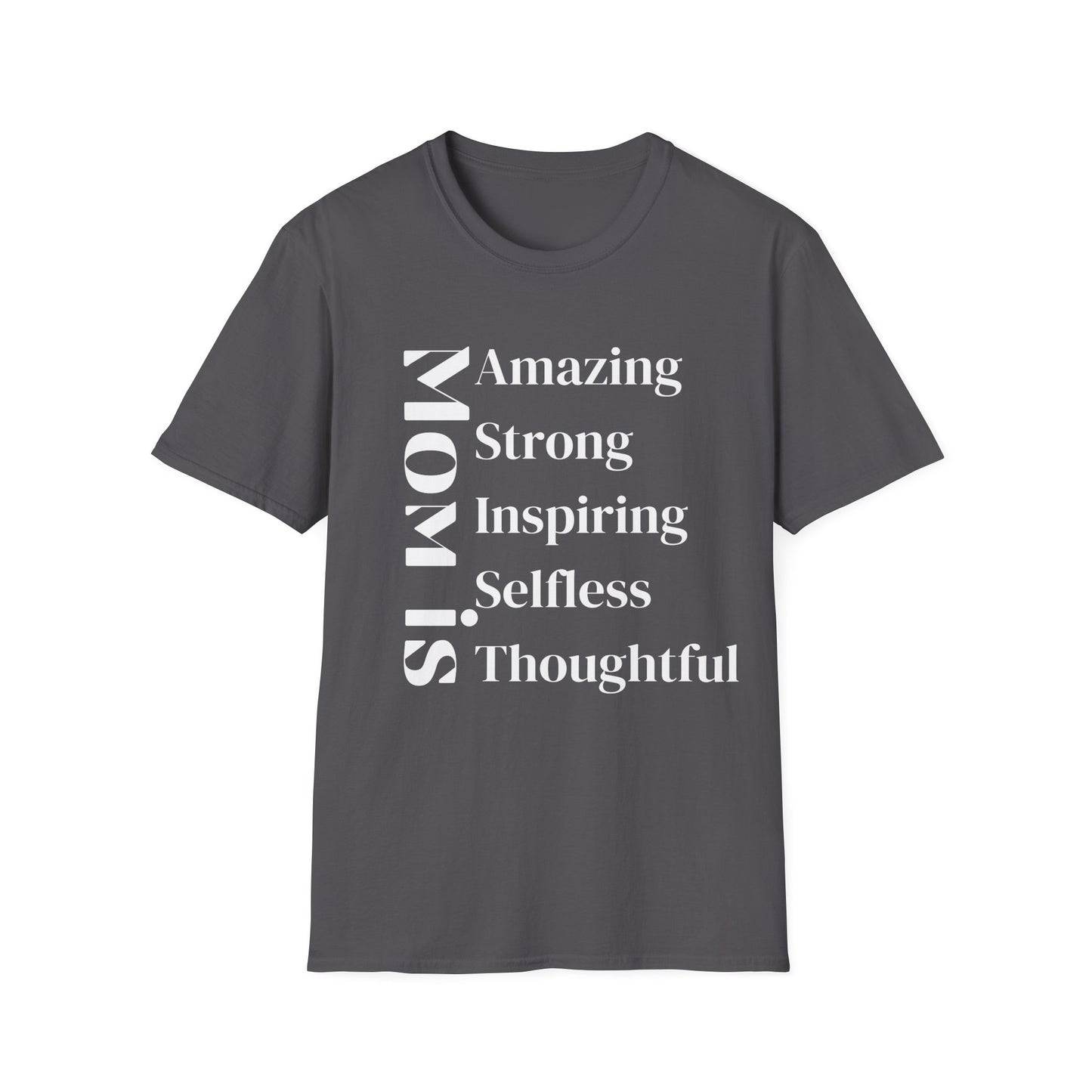 Mom Is typographic t-shirt in charcoal - unisex soft cotton tee celebrating mothers