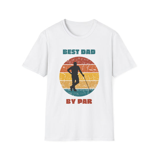 White t-shirt with a graphic of a man holding a golf club and text 'Best Dad by Par' on a white background