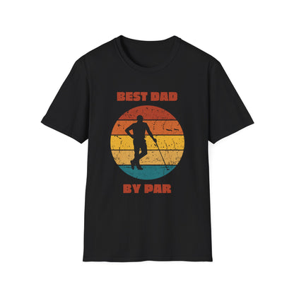 Black t-shirt with a graphic of a man holding a golf club and text 'Best Dad by Par' 